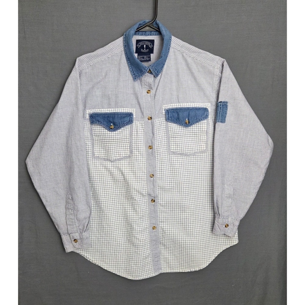 Solutions Original Mens Medium Blue White Check Denim Collar Button Down Shirt